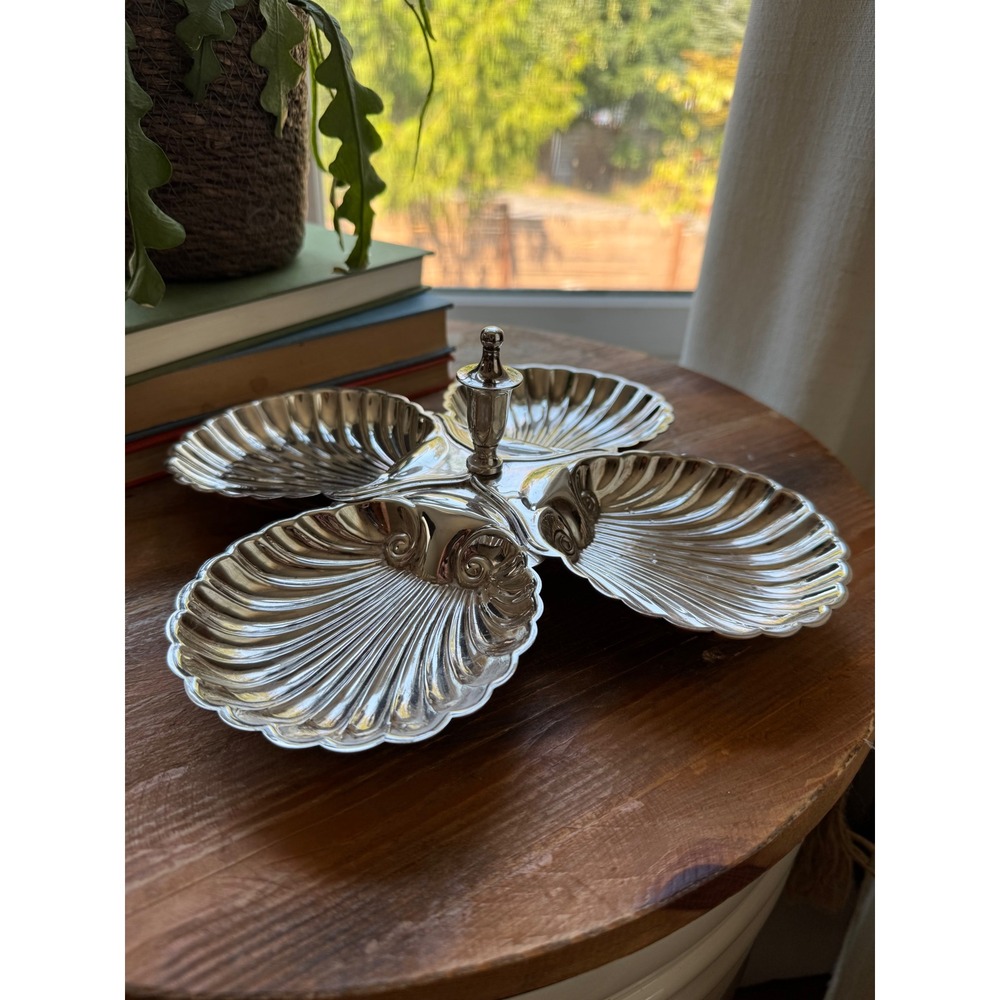 Vintage Silver Plate Scallop Shell 4-Part Serving Dish Made in England